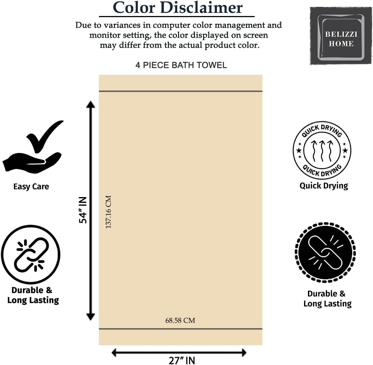 Belizzi Home 4 Pack Bath Towel Set 27x54, 100% Ring Spun Cotton, Ultra Soft Highly Absorbent Machine Washable Hotel Spa Quality Bath Towels for Bathroom, 4 Bath Towels Black