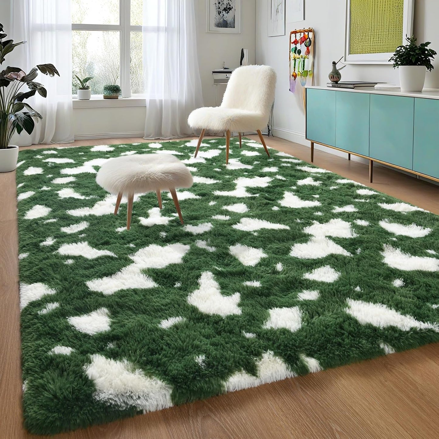 DweIke Fluffy Dark Green Rugs for Bedroom Living Room, 4x6 Feet Soft Plush Shaggy Forest Hunter Green Girls Boys Kids Rug, Non-Slip and Machine Washable Carpet for Dorm Nursery Classroom Decor