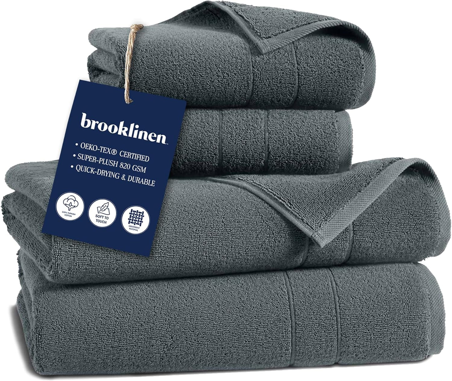 Brooklinen Super-Plush Turkish Cotton Bath Towel Set - Includes 4 Bath Towels Cotton, 820 GSM, Highly Absorbent, Machine Washable, Perfect for Home & Bathroom (Slate Grey)