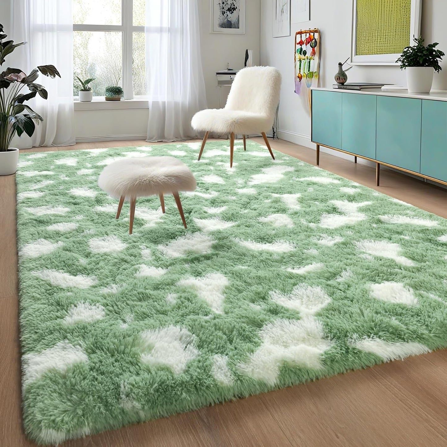 DweIke Fluffy Dark Green Rugs for Bedroom Living Room, 4x6 Feet Soft Plush Shaggy Forest Hunter Green Girls Boys Kids Rug, Non-Slip and Machine Washable Carpet for Dorm Nursery Classroom Decor