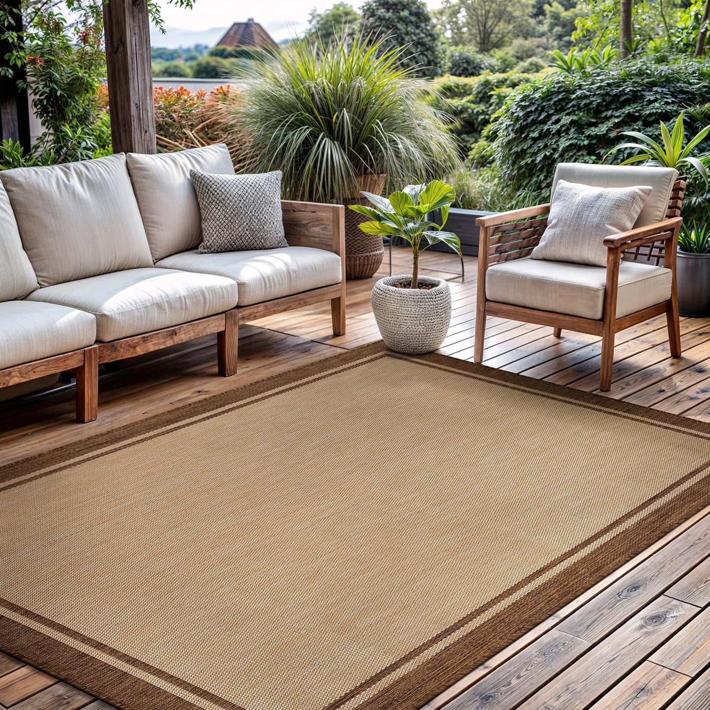 CAMILSON Outdoor Rug 8x10, Modern Outside Rugs for Patios Porches Waterproof Durable Washable Non-Shedding, Easy-to-Clean Indoor Outdoor Area Carpet (8 x 10, Bordered - Beige/White)