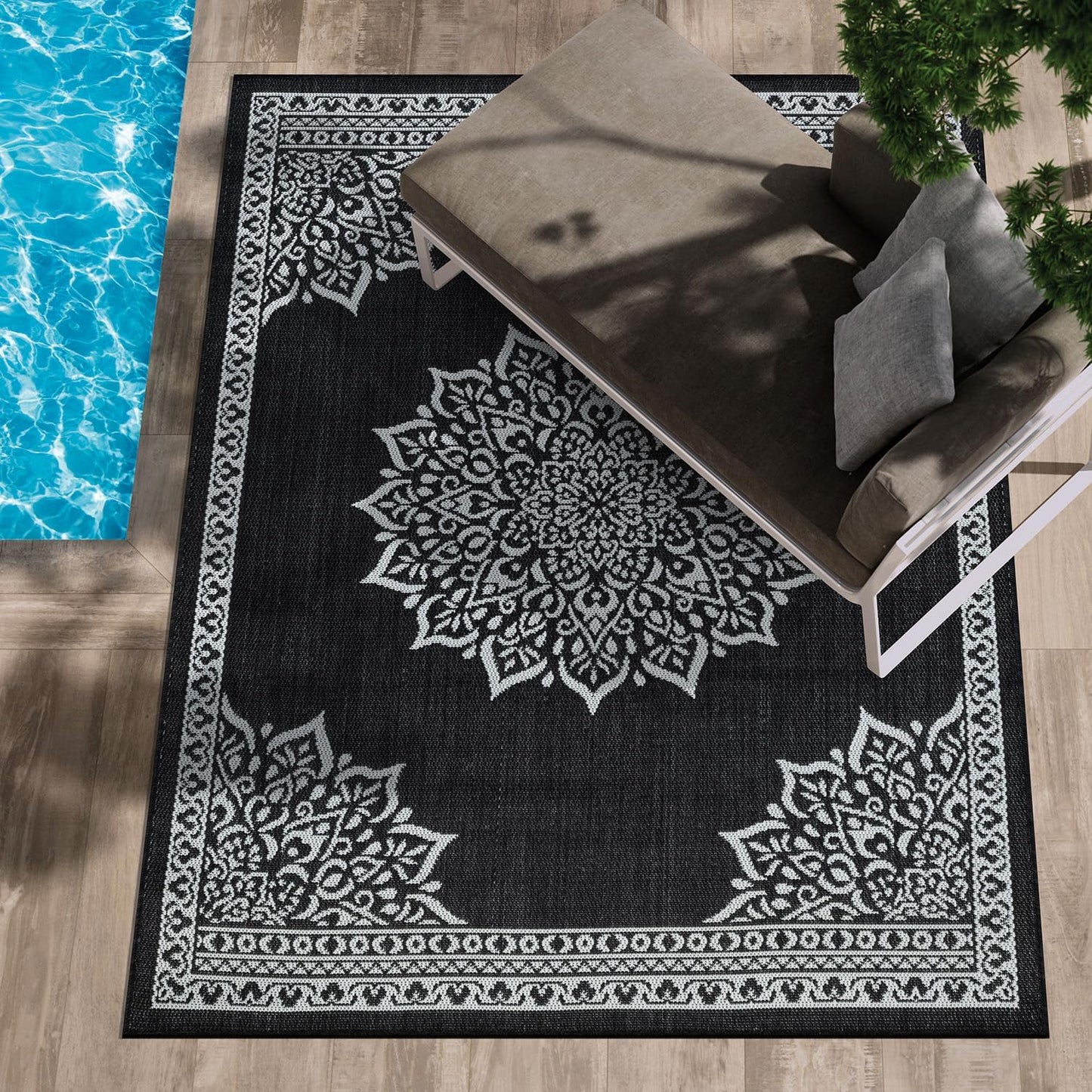 CAMILSON Outdoor Rug 8x10, Modern Outside Rugs for Patios Porches Waterproof Durable Washable Non-Shedding, Easy-to-Clean Indoor Outdoor Area Carpet (8 x 10, Bordered - Beige/White)