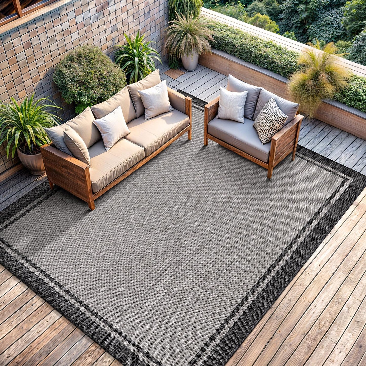 CAMILSON Outdoor Rug 8x10, Modern Outside Rugs for Patios Porches Waterproof Durable Washable Non-Shedding, Easy-to-Clean Indoor Outdoor Area Carpet (8 x 10, Bordered - Beige/White)