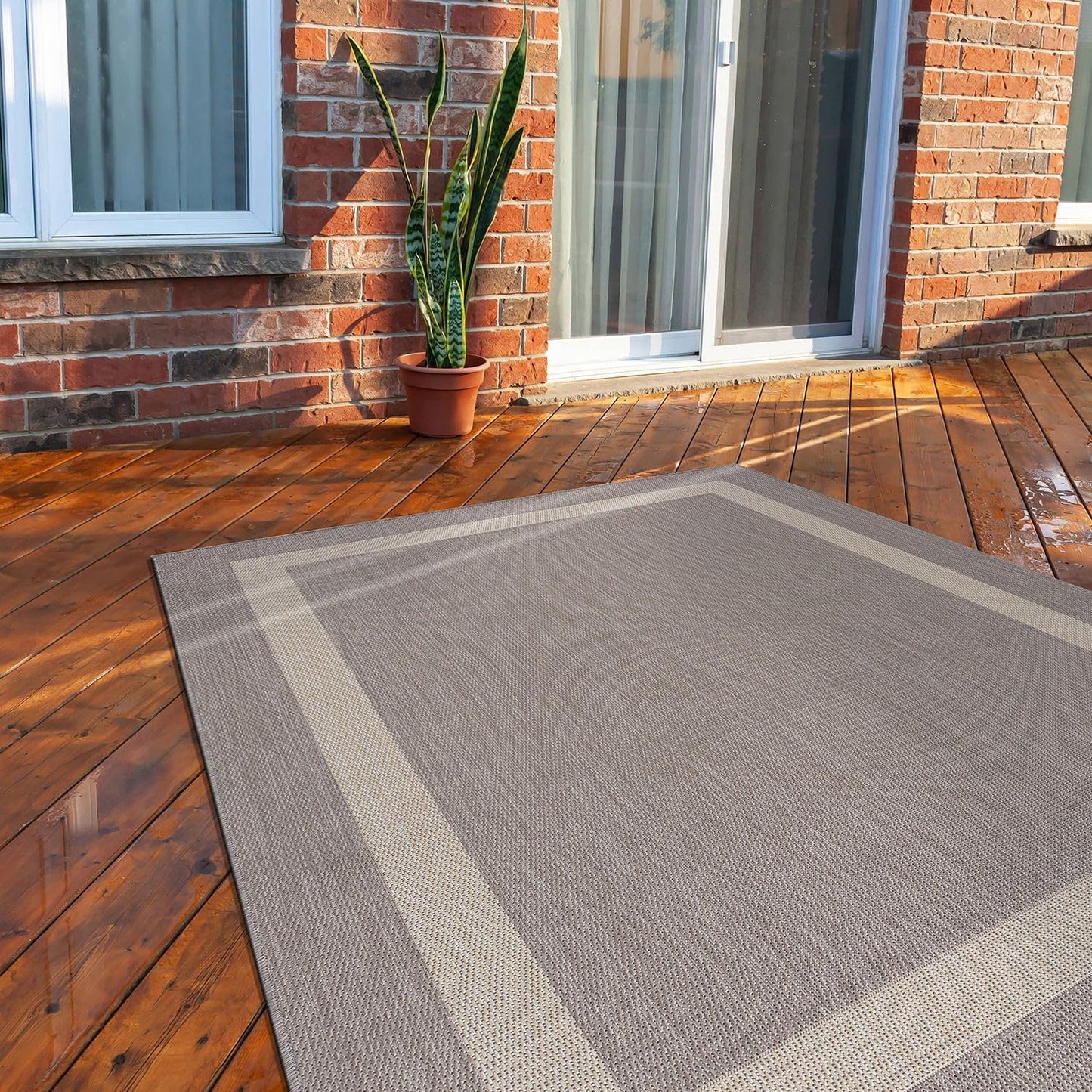 CAMILSON Outdoor Rug 8x10, Modern Outside Rugs for Patios Porches Waterproof Durable Washable Non-Shedding, Easy-to-Clean Indoor Outdoor Area Carpet (8 x 10, Bordered - Beige/White)