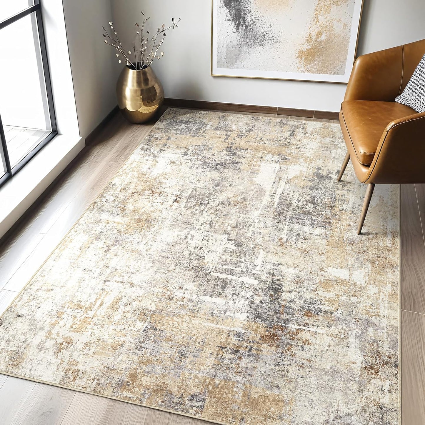 Area Rugs 9x12 Living Room: Washable Large Abstract Modern Soft Rugs Stain Resistant Indoor Floor Non Slip Accent Carpet for Bedroom Nursery Playroom Office Dining Room Dorm Home Decor- Gray Gold