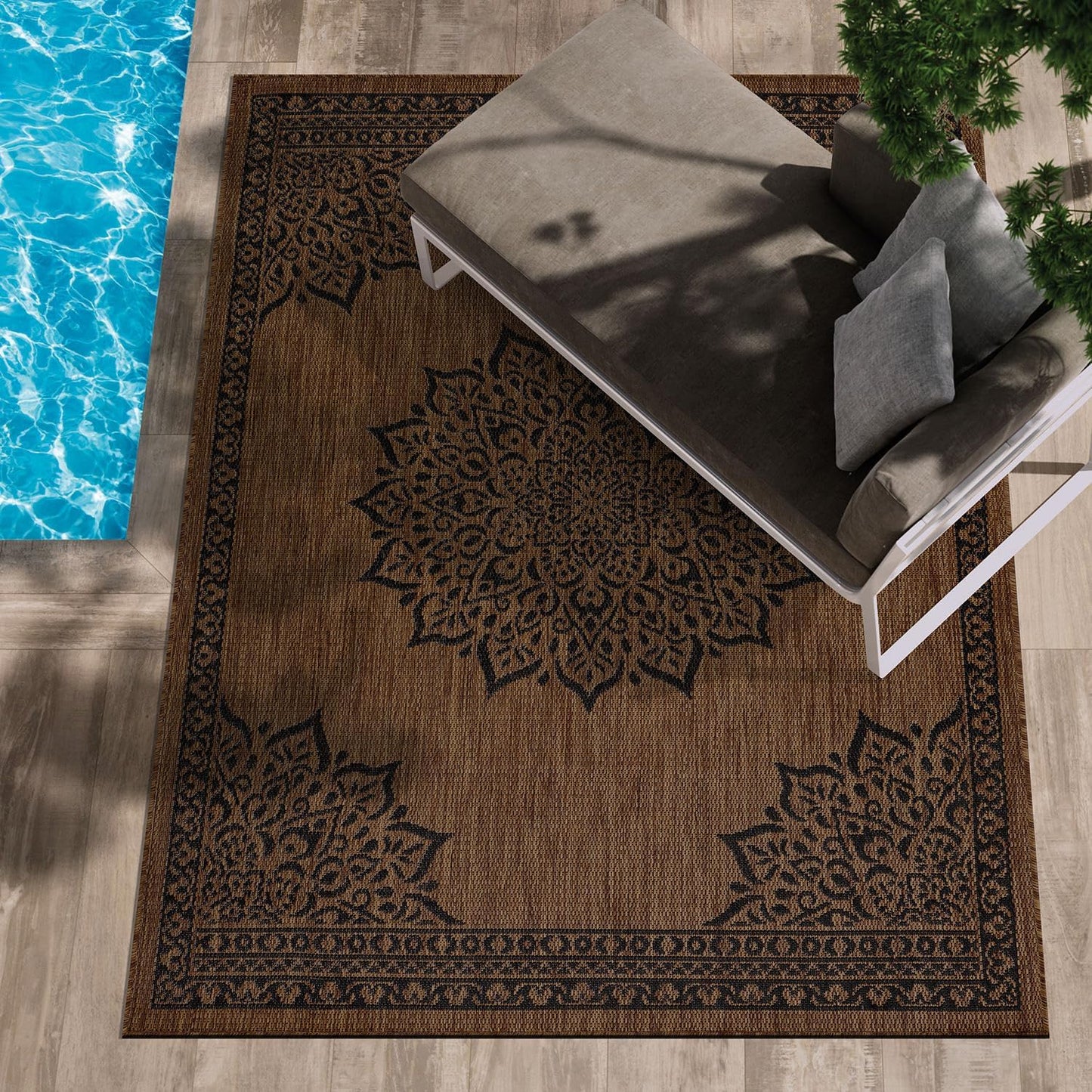 CAMILSON Outdoor Rug 8x10, Modern Outside Rugs for Patios Porches Waterproof Durable Washable Non-Shedding, Easy-to-Clean Indoor Outdoor Area Carpet (8 x 10, Bordered - Beige/White)