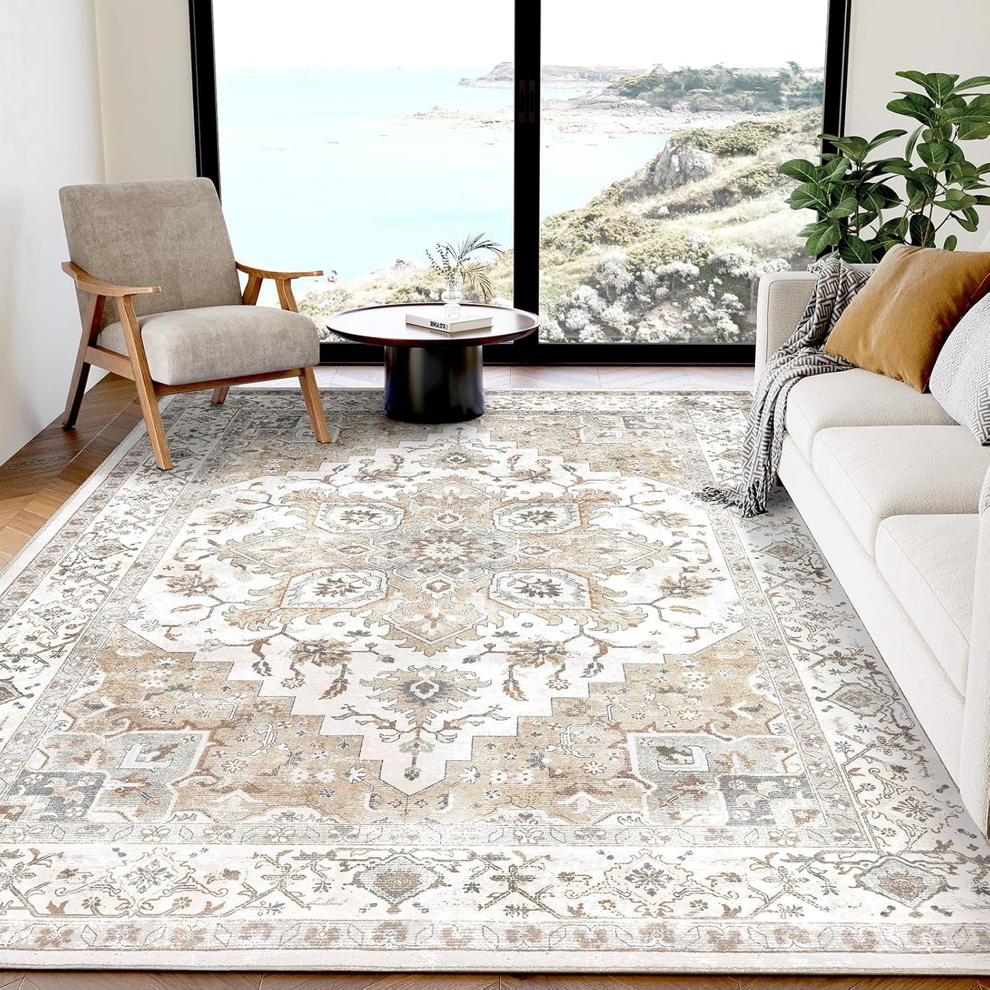 AMADA HOMEFURNISHING 8x10 Washable Area Rug, Low-Profile Large Area Rug with Non-Slip Backing & Durable Edge Binding, Vintage Large Rugs for Living Room, Bedroom, Dinning Room