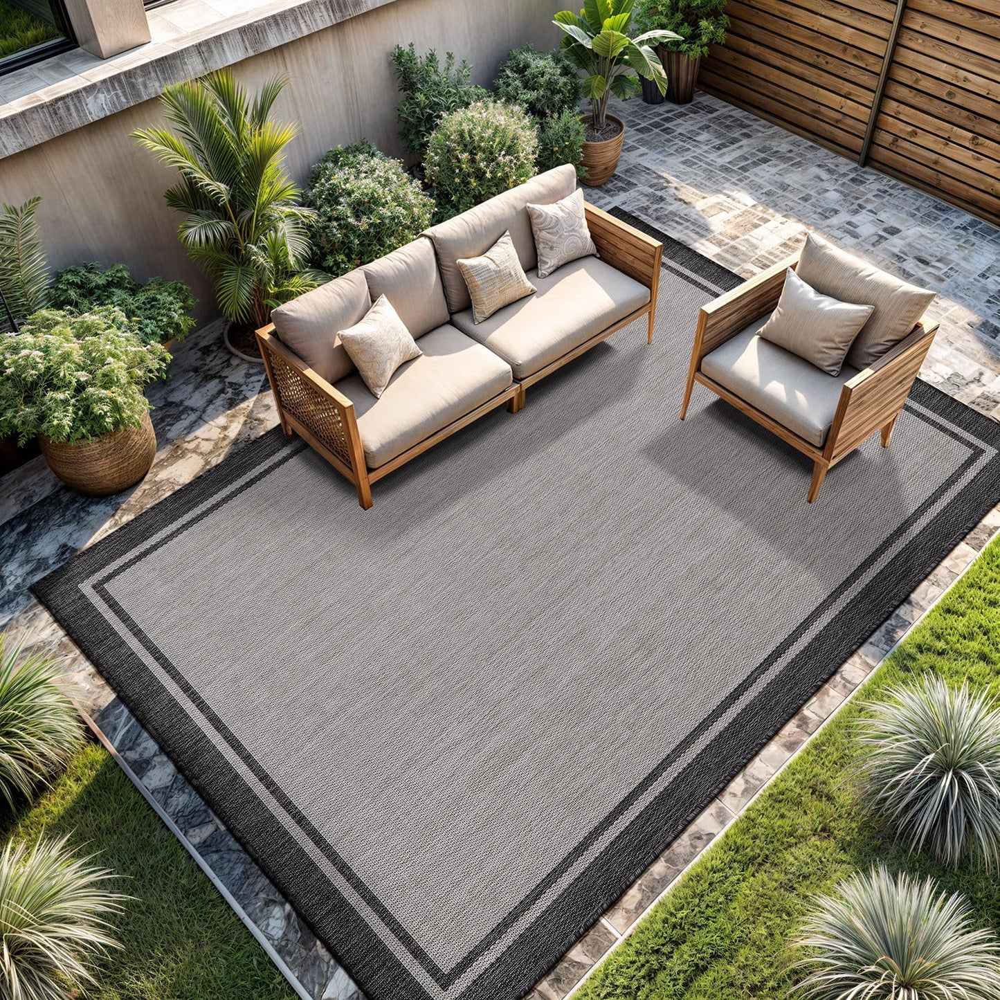 CAMILSON Outdoor Rug 8x10, Modern Outside Rugs for Patios Porches Waterproof Durable Washable Non-Shedding, Easy-to-Clean Indoor Outdoor Area Carpet (8 x 10, Bordered - Beige/White)