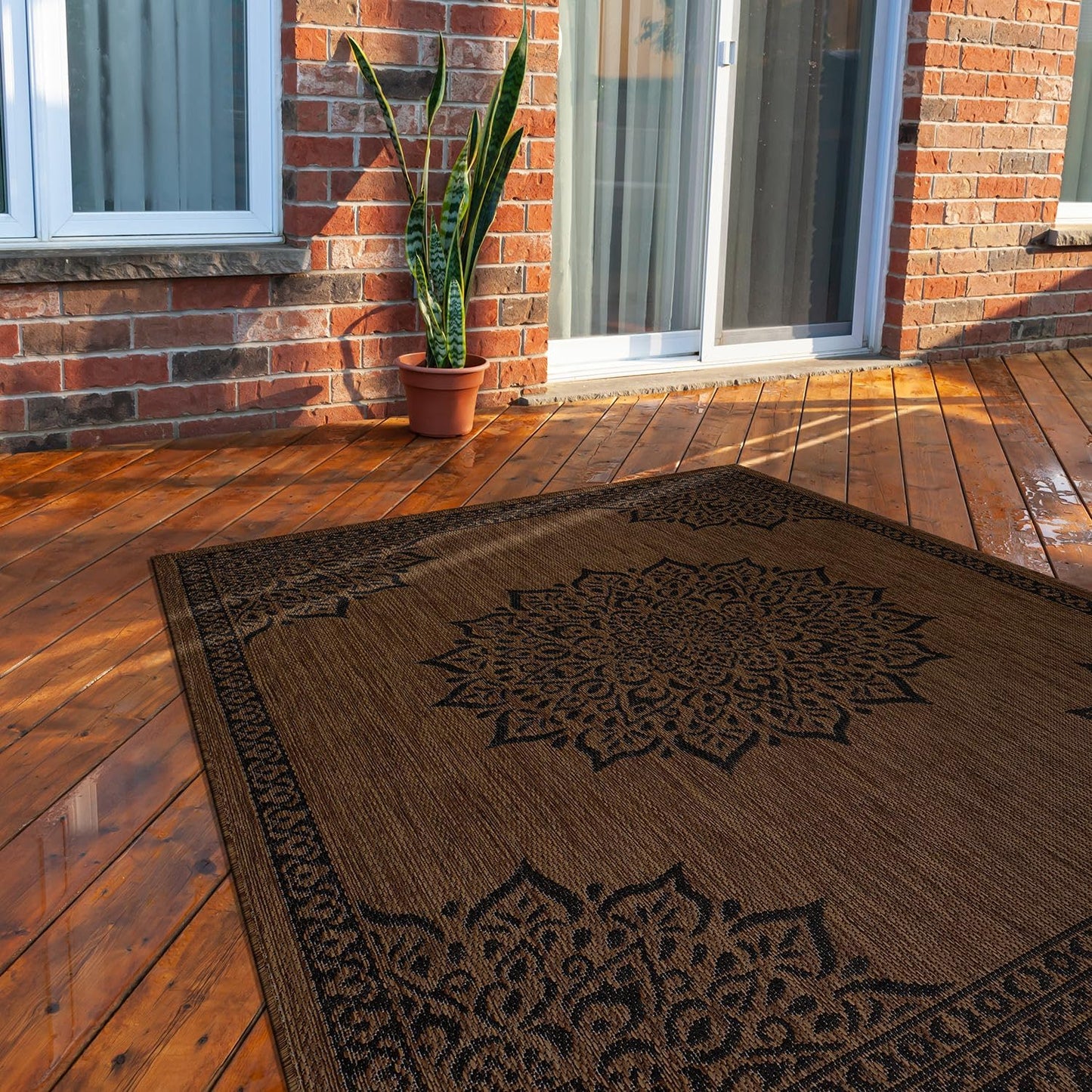 CAMILSON Outdoor Rug 8x10, Modern Outside Rugs for Patios Porches Waterproof Durable Washable Non-Shedding, Easy-to-Clean Indoor Outdoor Area Carpet (8 x 10, Bordered - Beige/White)