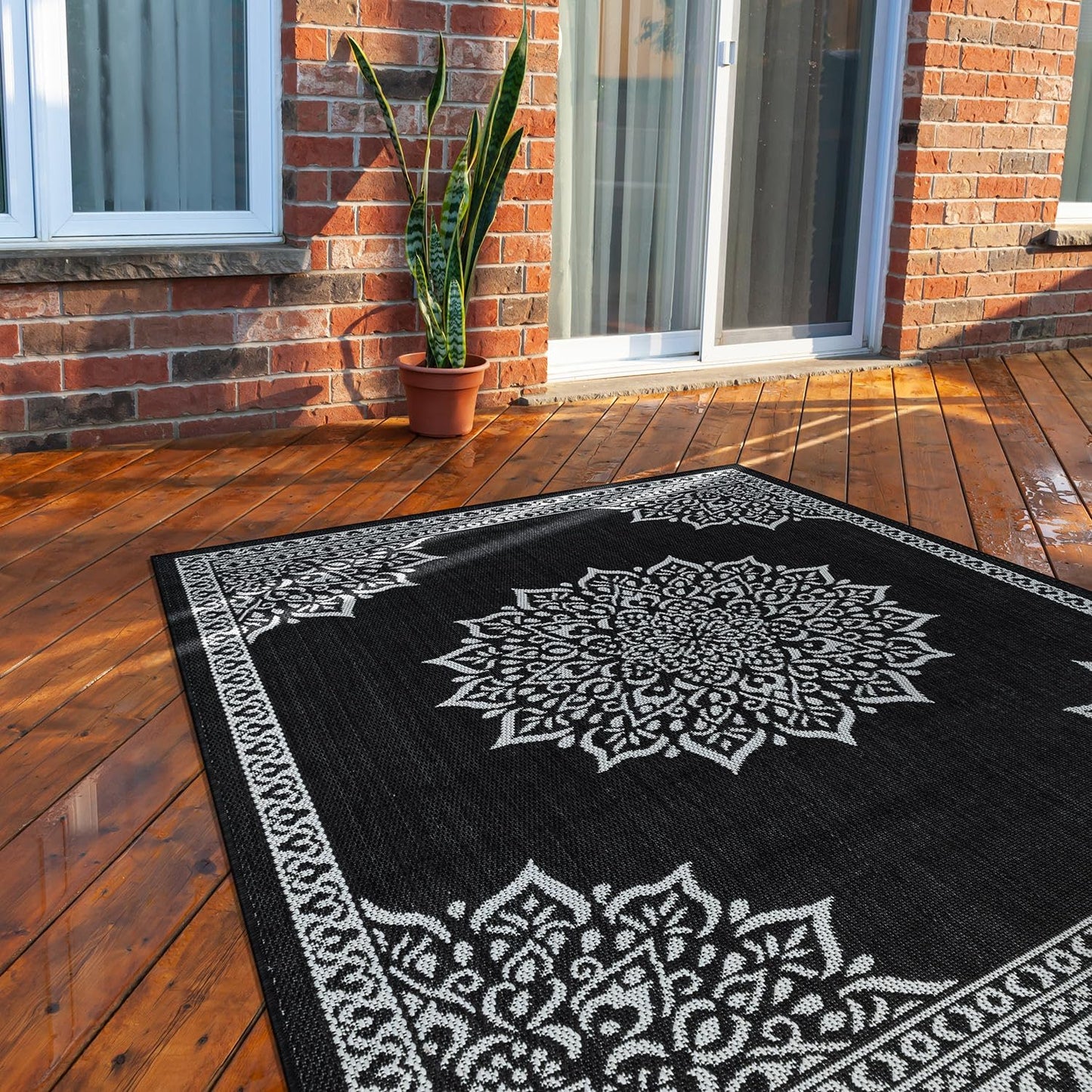 CAMILSON Outdoor Rug 8x10, Modern Outside Rugs for Patios Porches Waterproof Durable Washable Non-Shedding, Easy-to-Clean Indoor Outdoor Area Carpet (8 x 10, Bordered - Beige/White)