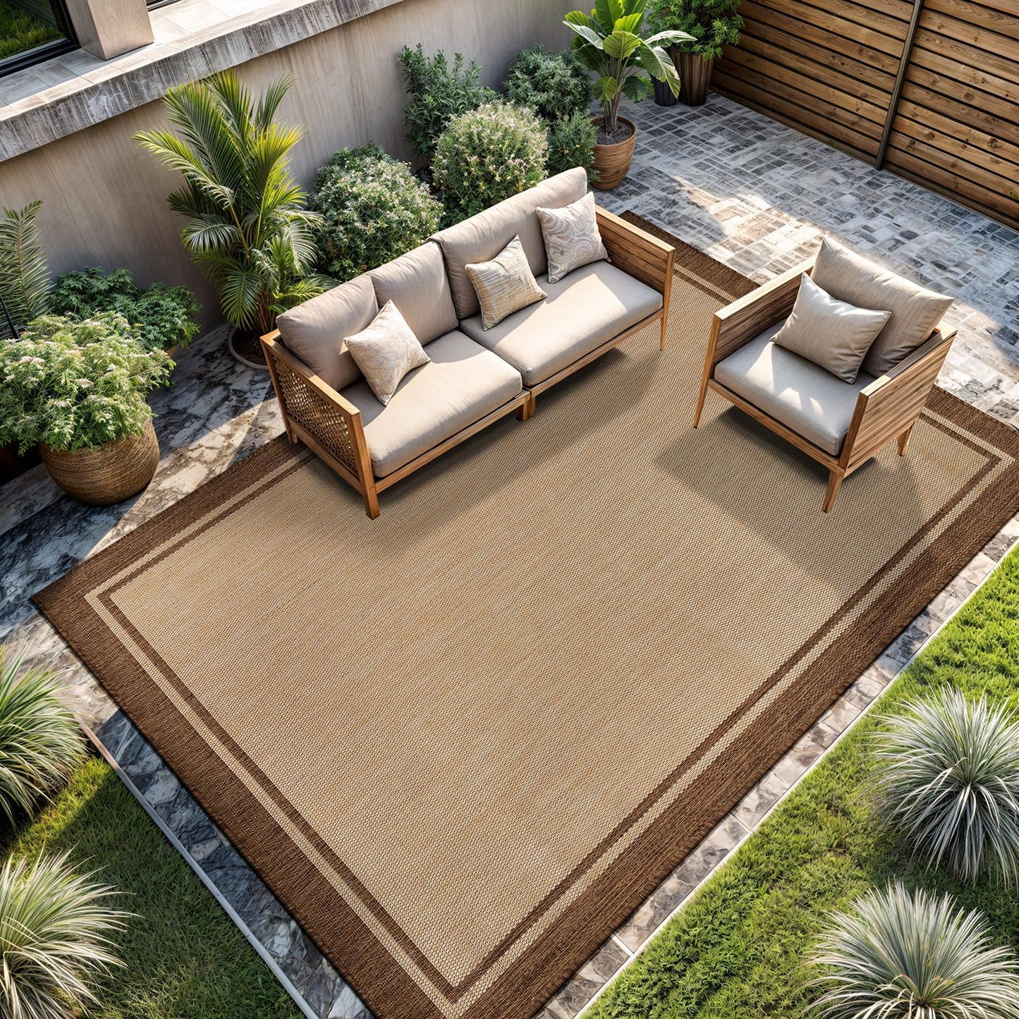 CAMILSON Outdoor Rug 8x10, Modern Outside Rugs for Patios Porches Waterproof Durable Washable Non-Shedding, Easy-to-Clean Indoor Outdoor Area Carpet (8 x 10, Bordered - Beige/White)