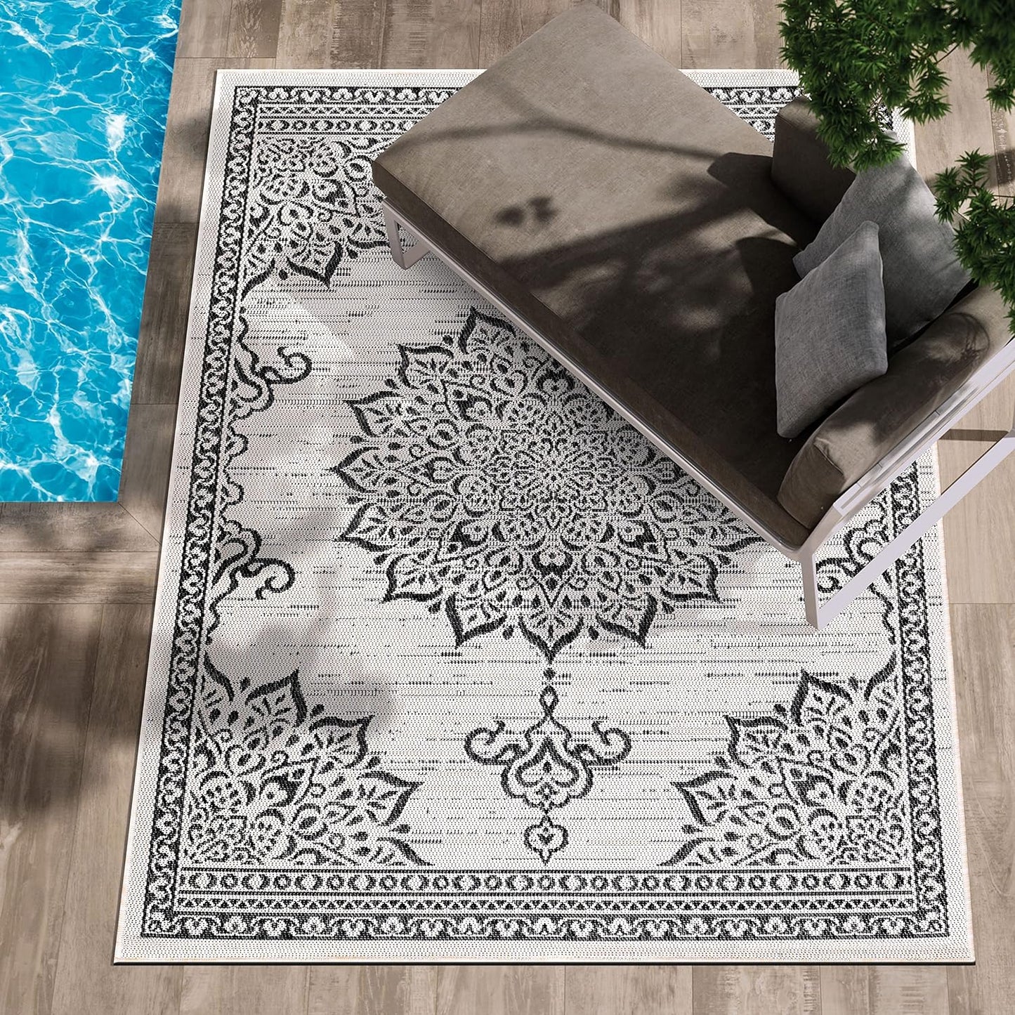 CAMILSON Outdoor Rug 8x10, Modern Outside Rugs for Patios Porches Waterproof Durable Washable Non-Shedding, Easy-to-Clean Indoor Outdoor Area Carpet (8 x 10, Bordered - Beige/White)