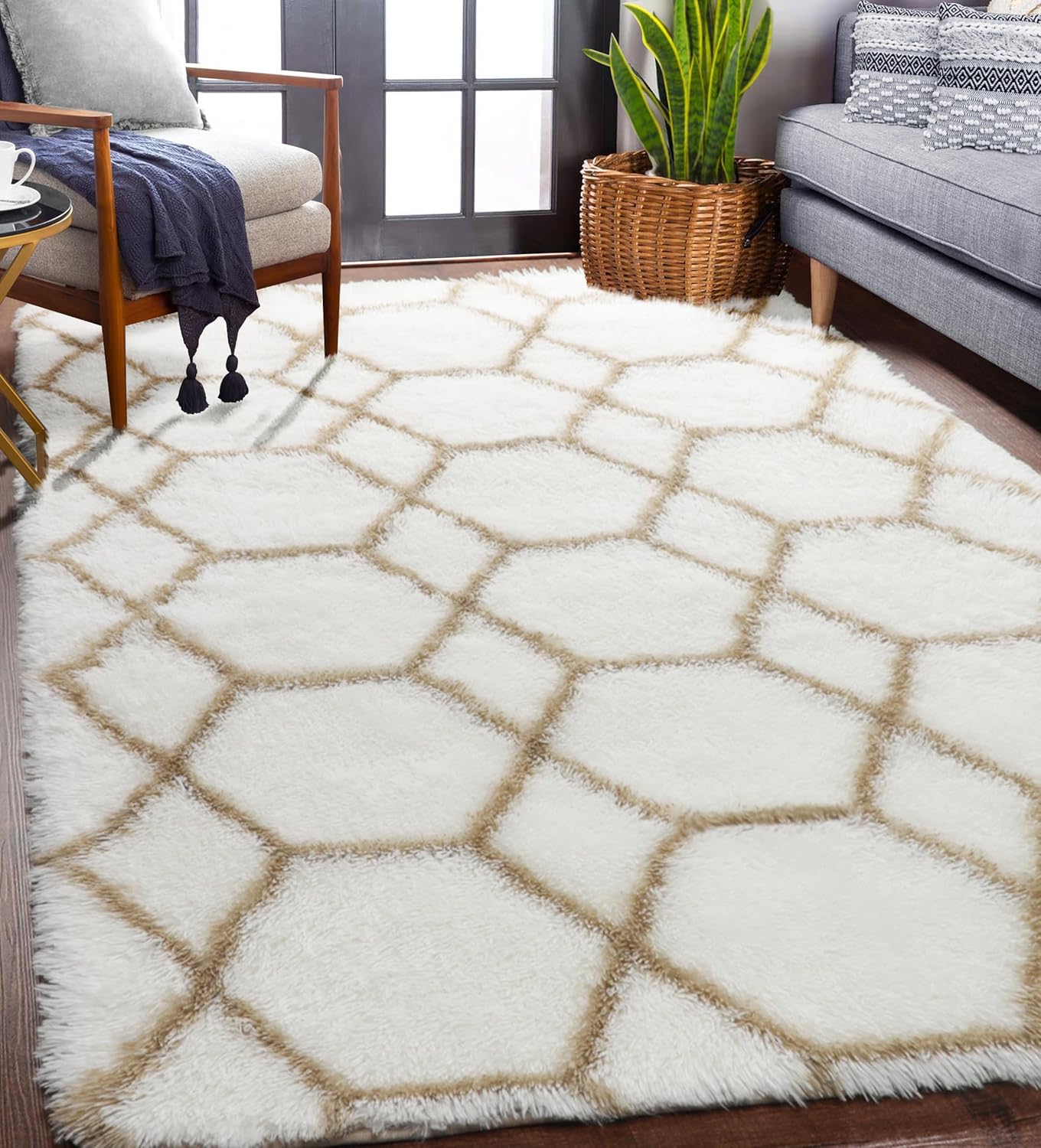 ONASAR Area Rugs for Bedroom Living Room, Washable 4x6 Fluffy Grey and White Floor Rug, Shaggy Geometric Soft Plush Fuzzy Carpet for Nursery Teen Playroom Dorm Office Home Decor Aesthetic