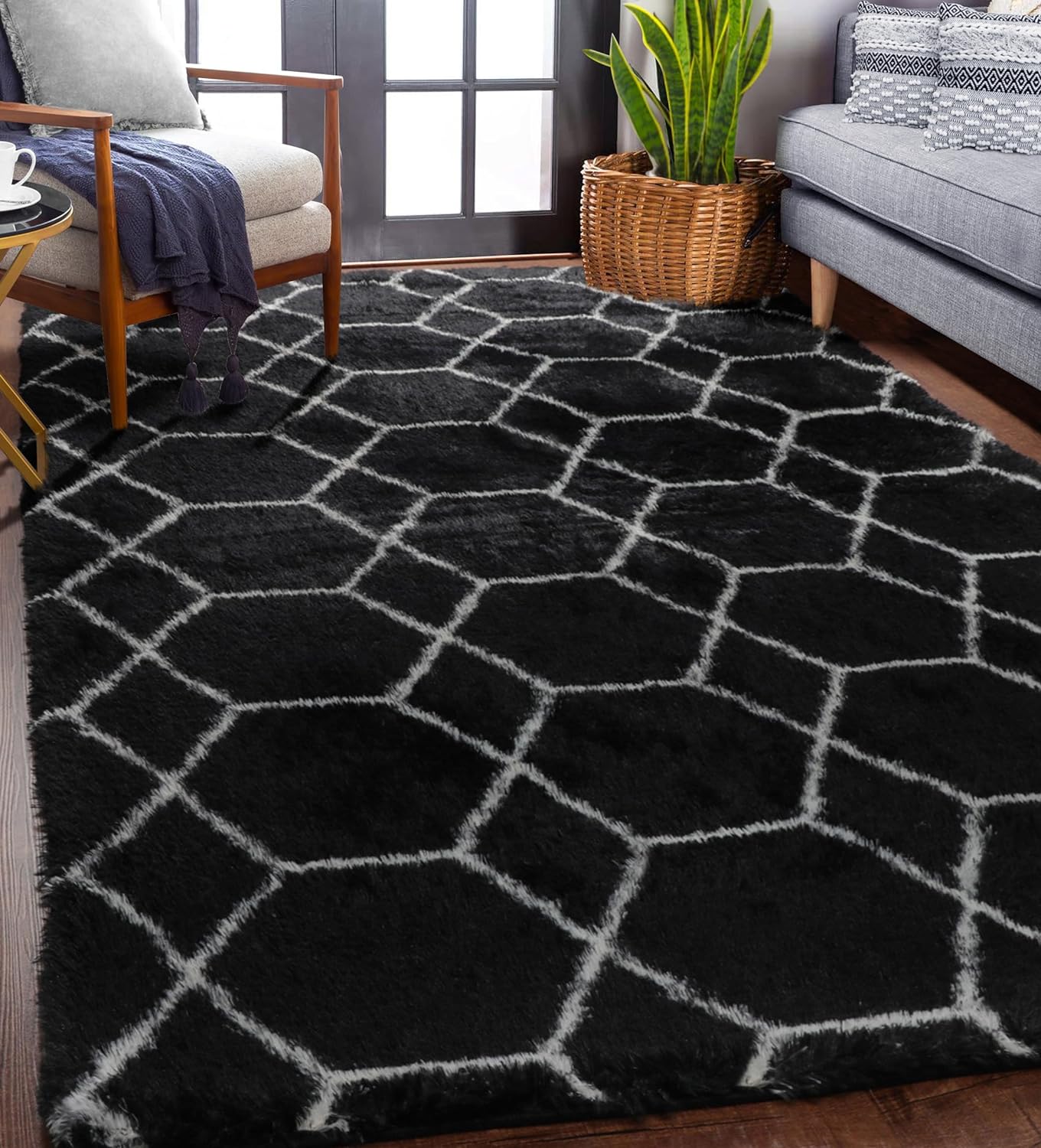 ONASAR Area Rugs for Bedroom Living Room, Washable 4x6 Fluffy Grey and White Floor Rug, Shaggy Geometric Soft Plush Fuzzy Carpet for Nursery Teen Playroom Dorm Office Home Decor Aesthetic