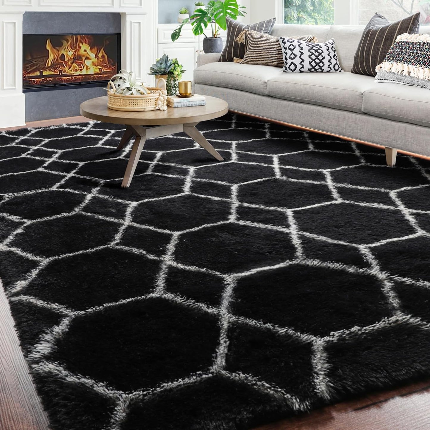 ONASAR Area Rugs for Bedroom Living Room, Washable 4x6 Fluffy Grey and White Floor Rug, Shaggy Geometric Soft Plush Fuzzy Carpet for Nursery Teen Playroom Dorm Office Home Decor Aesthetic