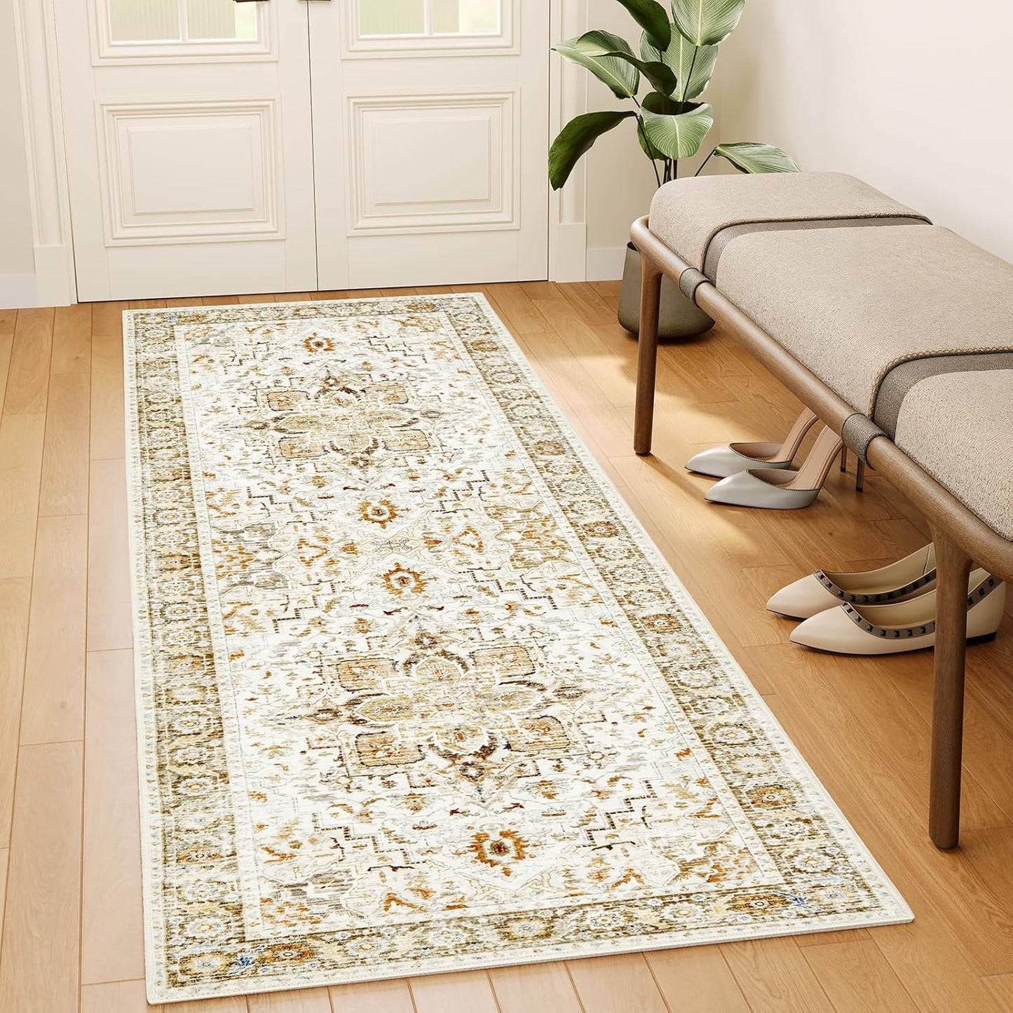 AMADA HOMEFURNISHING 8x10 Washable Area Rug, Low-Profile Large Area Rug with Non-Slip Backing & Durable Edge Binding, Vintage Large Rugs for Living Room, Bedroom, Dinning Room