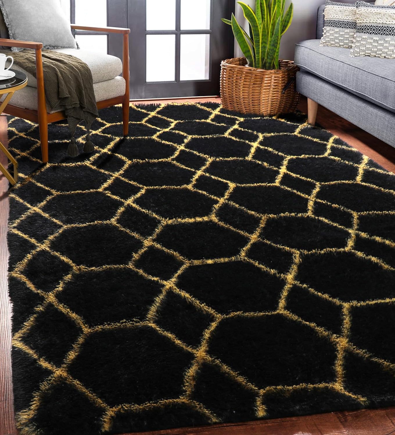 ONASAR Area Rugs for Bedroom Living Room, Washable 4x6 Fluffy Grey and White Floor Rug, Shaggy Geometric Soft Plush Fuzzy Carpet for Nursery Teen Playroom Dorm Office Home Decor Aesthetic