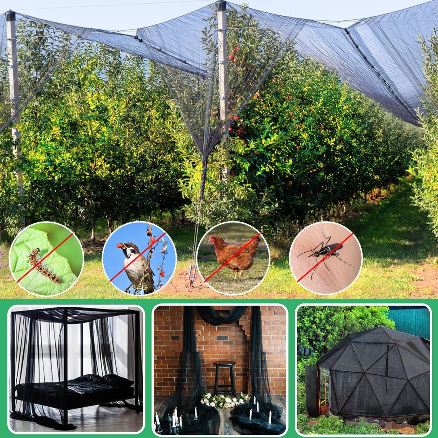 Mosquito Netting,10x50 FT Patio Mesh Net Cover Screen,Insect Bird Barrier for Garden Vegetables Fruits Protection,Black Bed Curtains with 100 Pcs Straps