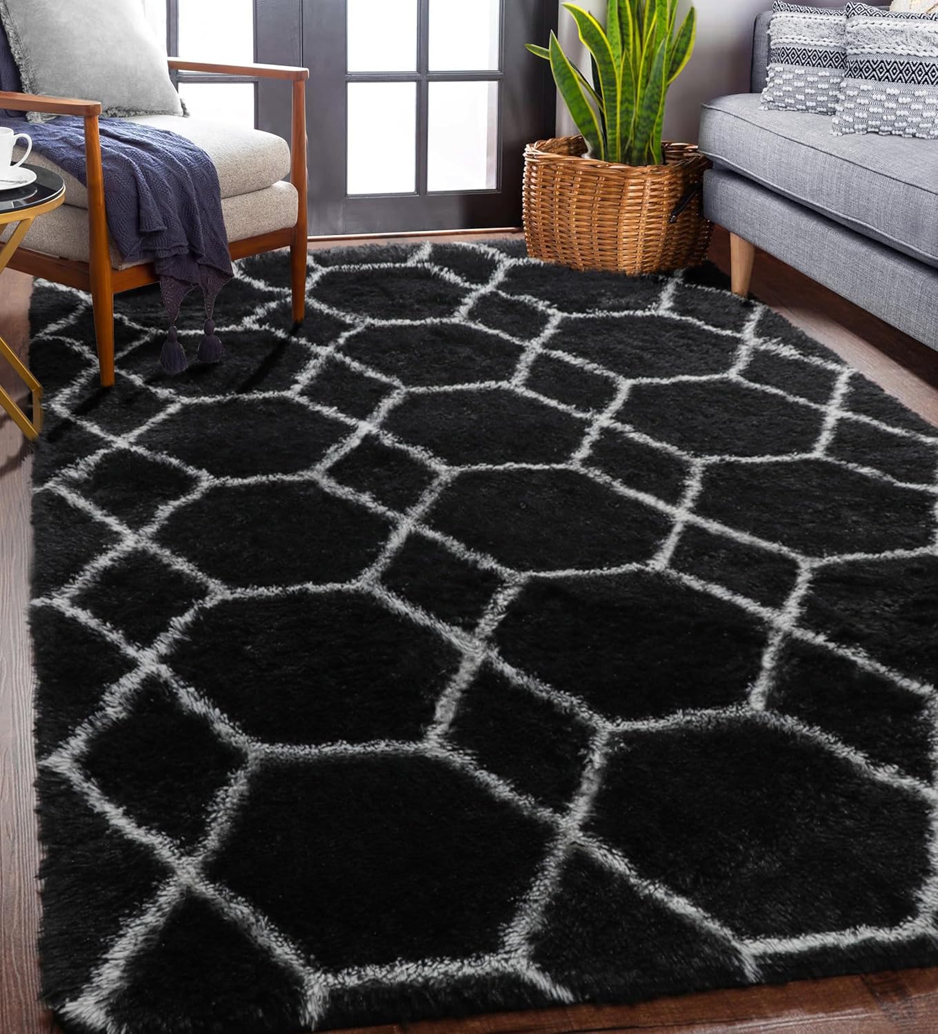 ONASAR Area Rugs for Bedroom Living Room, Washable 4x6 Fluffy Grey and White Floor Rug, Shaggy Geometric Soft Plush Fuzzy Carpet for Nursery Teen Playroom Dorm Office Home Decor Aesthetic