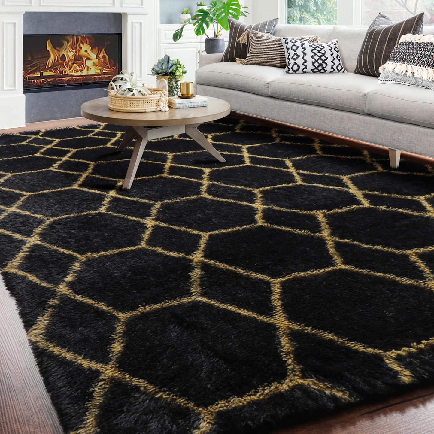 ONASAR Area Rugs for Bedroom Living Room, Washable 4x6 Fluffy Grey and White Floor Rug, Shaggy Geometric Soft Plush Fuzzy Carpet for Nursery Teen Playroom Dorm Office Home Decor Aesthetic