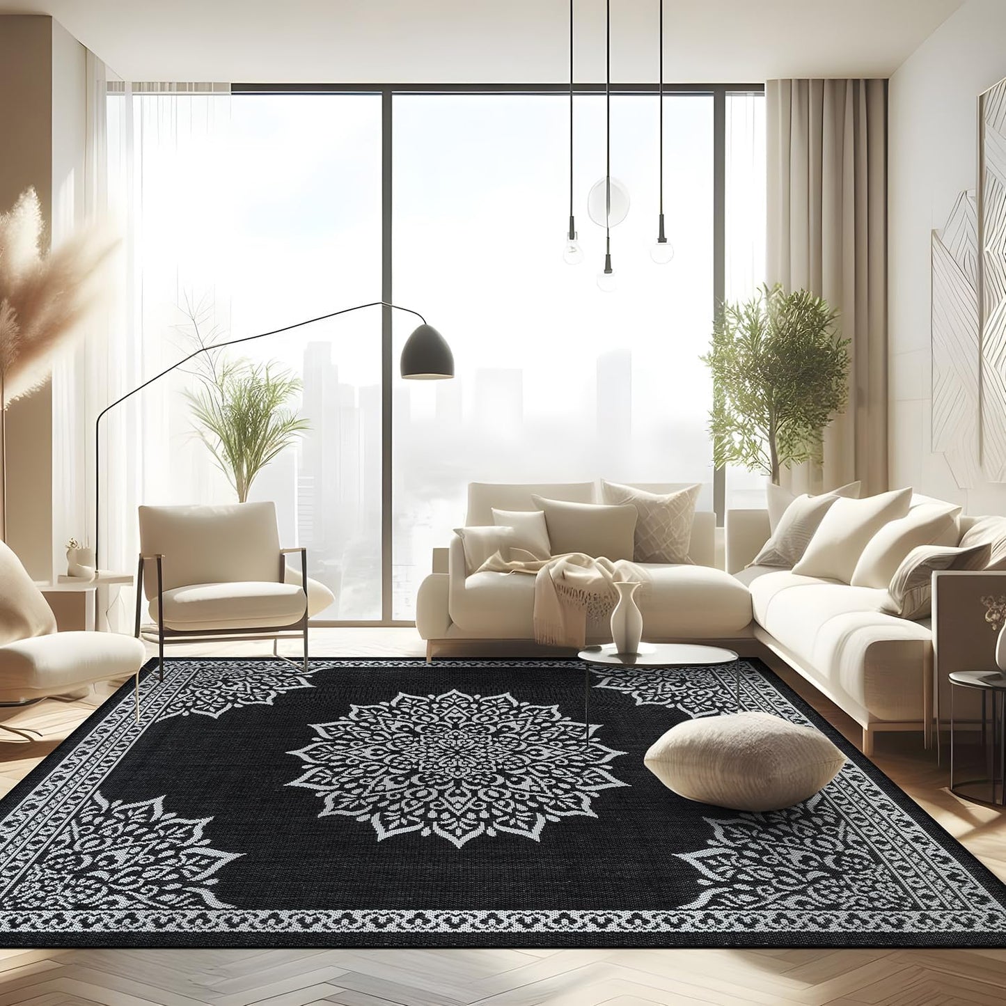 CAMILSON Outdoor Rug 8x10, Modern Outside Rugs for Patios Porches Waterproof Durable Washable Non-Shedding, Easy-to-Clean Indoor Outdoor Area Carpet (8 x 10, Bordered - Beige/White)