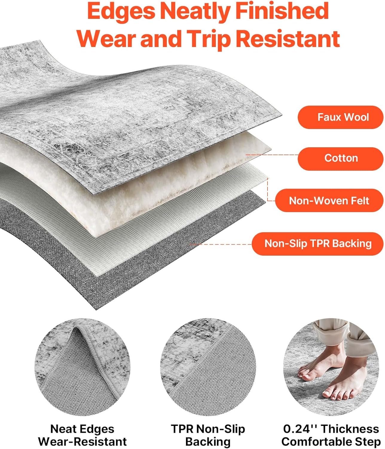 VEVOR 9 x 12 ft Area Rug Large Washable Boho Rug Non-Slip and Tear-Resistant Soft Carpet Pet & Child Friendly Bohemian Area Rugs Indoor Mat for Bedroom Living Room Kids Room Office Gray