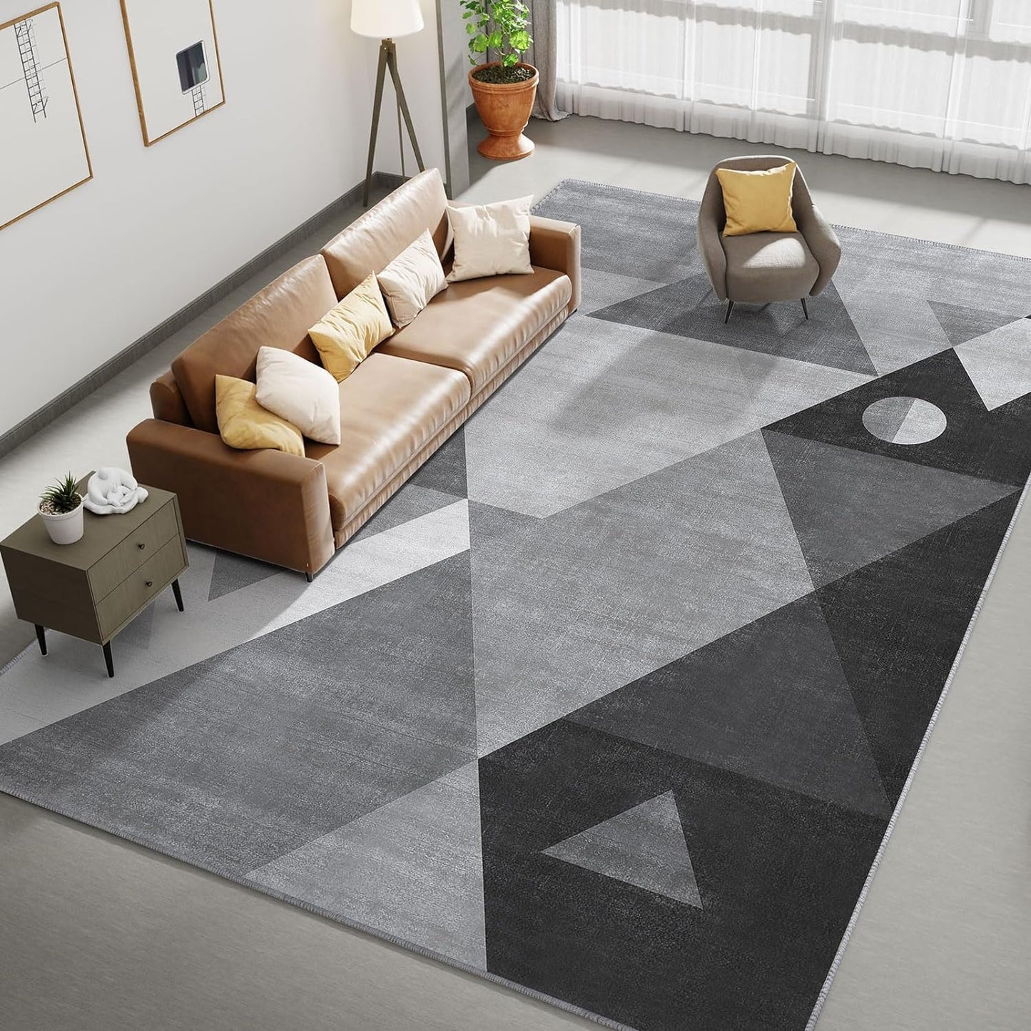 HOMFINE Washable Modern Area Rug - Geometric Style 5x7 Rugs for Living Room, Bedroom, Machine Washable Rug Soft Non Slip Non Shedding Area Rug - Grey Brown, 5'x7'