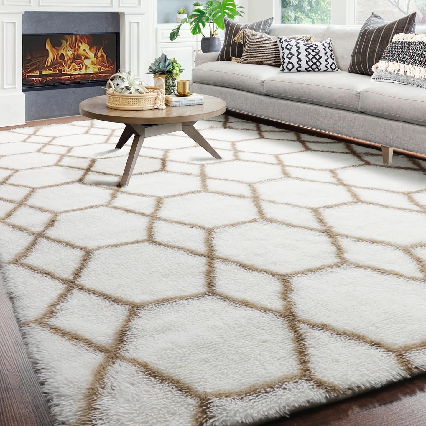 ONASAR Area Rugs for Bedroom Living Room, Washable 4x6 Fluffy Grey and White Floor Rug, Shaggy Geometric Soft Plush Fuzzy Carpet for Nursery Teen Playroom Dorm Office Home Decor Aesthetic