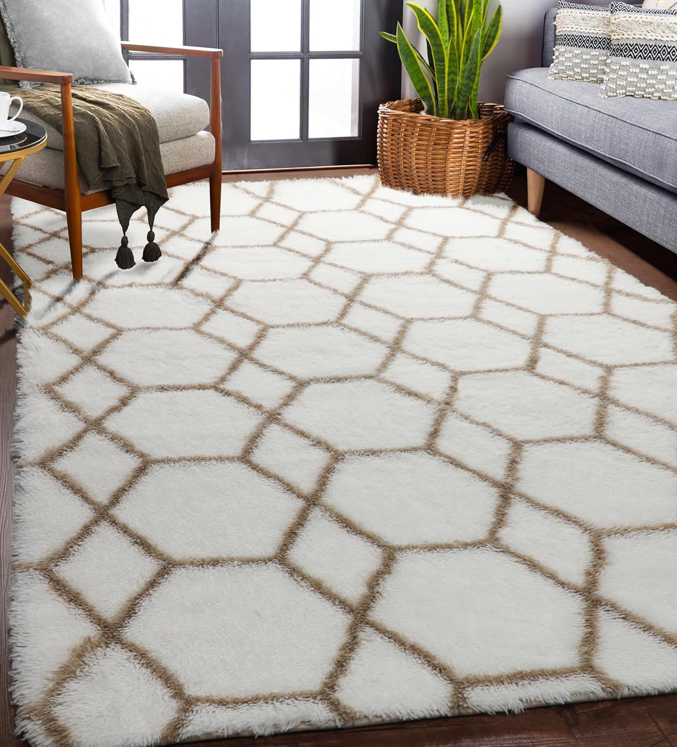 ONASAR Area Rugs for Bedroom Living Room, Washable 4x6 Fluffy Grey and White Floor Rug, Shaggy Geometric Soft Plush Fuzzy Carpet for Nursery Teen Playroom Dorm Office Home Decor Aesthetic