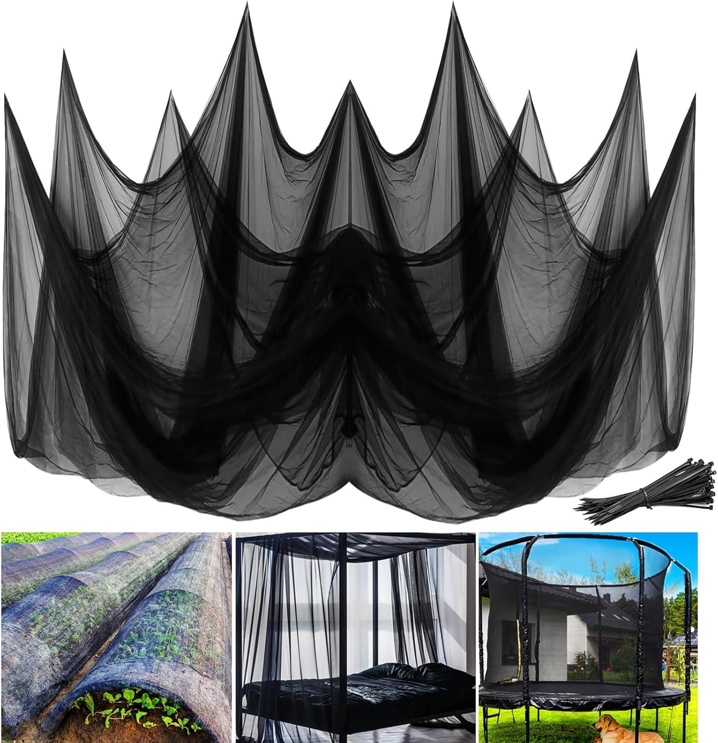 Mosquito Netting,10x50 FT Patio Mesh Net Cover Screen,Insect Bird Barrier for Garden Vegetables Fruits Protection,Black Bed Curtains with 100 Pcs Straps