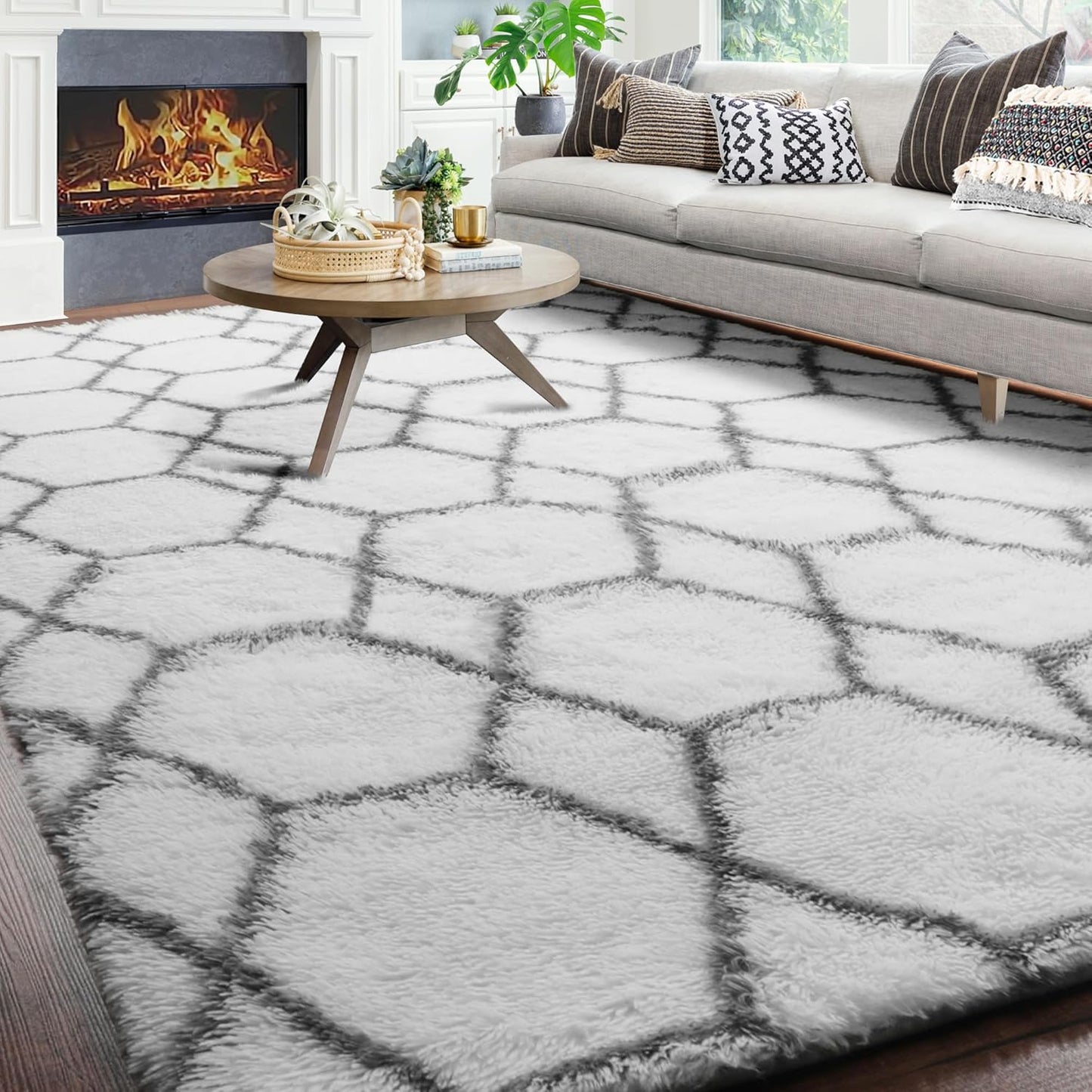 ONASAR Area Rugs for Bedroom Living Room, Washable 4x6 Fluffy Grey and White Floor Rug, Shaggy Geometric Soft Plush Fuzzy Carpet for Nursery Teen Playroom Dorm Office Home Decor Aesthetic