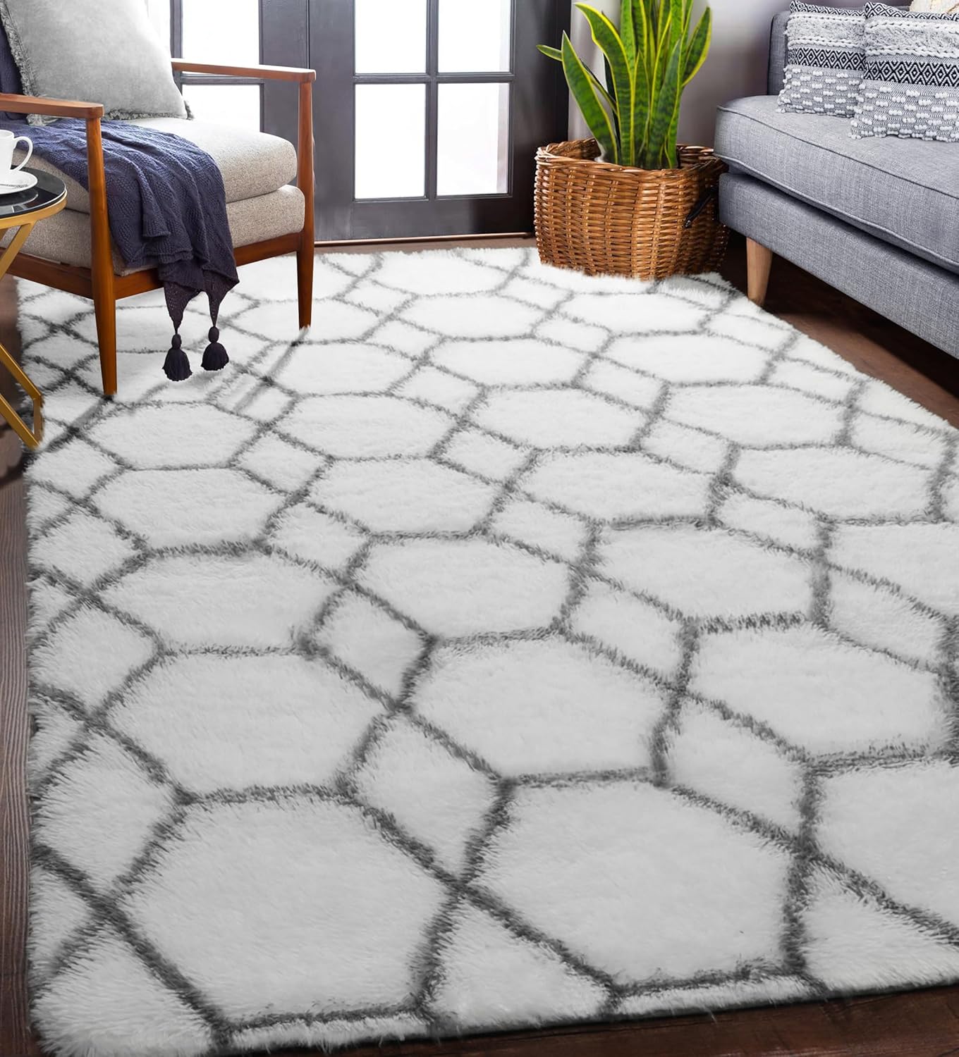 ONASAR Area Rugs for Bedroom Living Room, Washable 4x6 Fluffy Grey and White Floor Rug, Shaggy Geometric Soft Plush Fuzzy Carpet for Nursery Teen Playroom Dorm Office Home Decor Aesthetic
