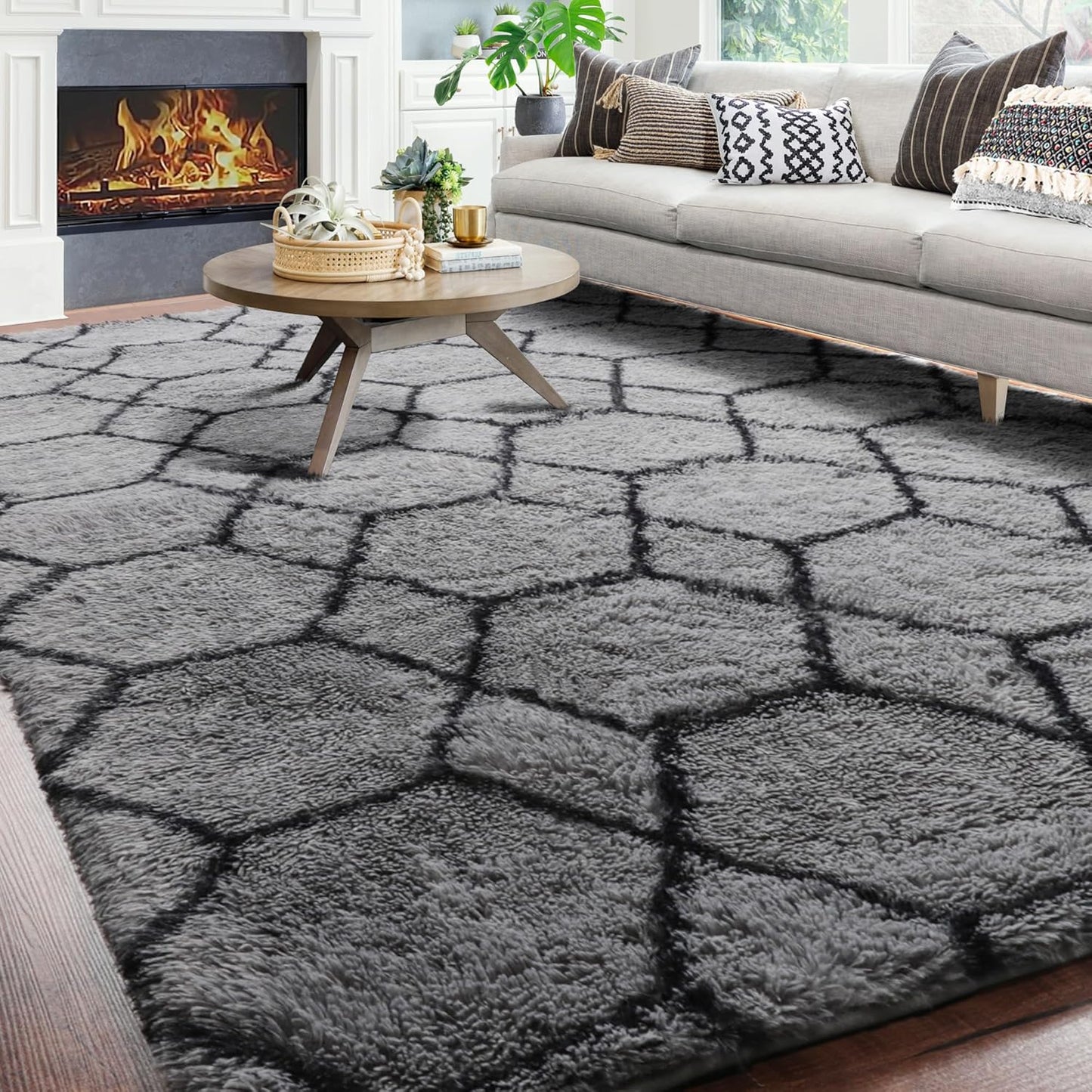 ONASAR Area Rugs for Bedroom Living Room, Washable 4x6 Fluffy Grey and White Floor Rug, Shaggy Geometric Soft Plush Fuzzy Carpet for Nursery Teen Playroom Dorm Office Home Decor Aesthetic