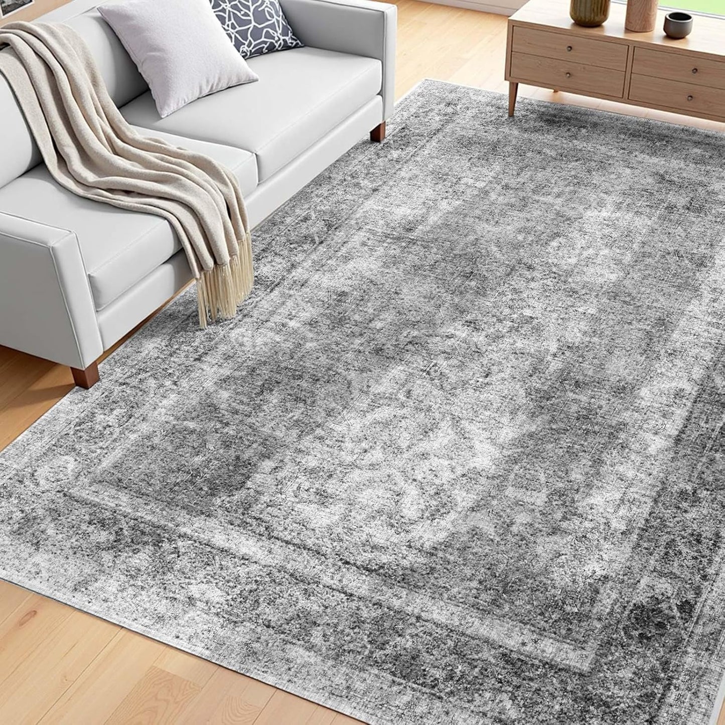 VEVOR 9 x 12 ft Area Rug Large Washable Boho Rug Non-Slip and Tear-Resistant Soft Carpet Pet & Child Friendly Bohemian Area Rugs Indoor Mat for Bedroom Living Room Kids Room Office Gray