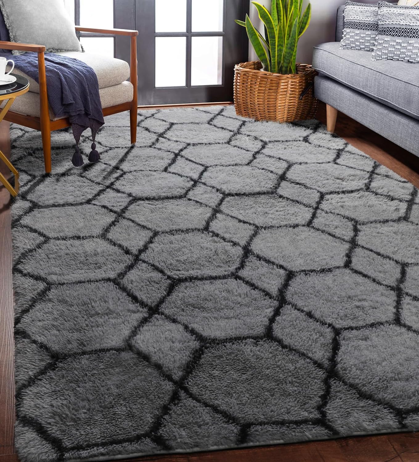 ONASAR Area Rugs for Bedroom Living Room, Washable 4x6 Fluffy Grey and White Floor Rug, Shaggy Geometric Soft Plush Fuzzy Carpet for Nursery Teen Playroom Dorm Office Home Decor Aesthetic