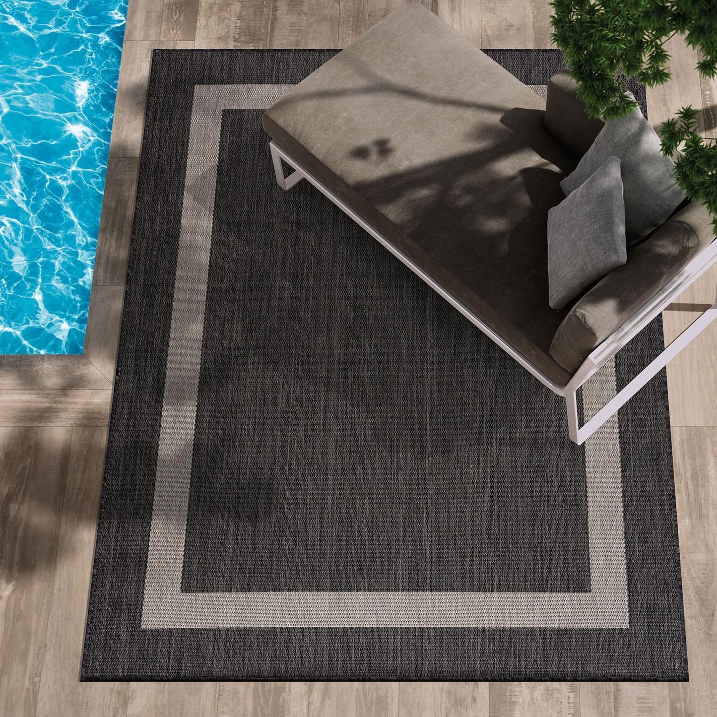CAMILSON Outdoor Rug 8x10, Modern Outside Rugs for Patios Porches Waterproof Durable Washable Non-Shedding, Easy-to-Clean Indoor Outdoor Area Carpet (8 x 10, Bordered - Beige/White)