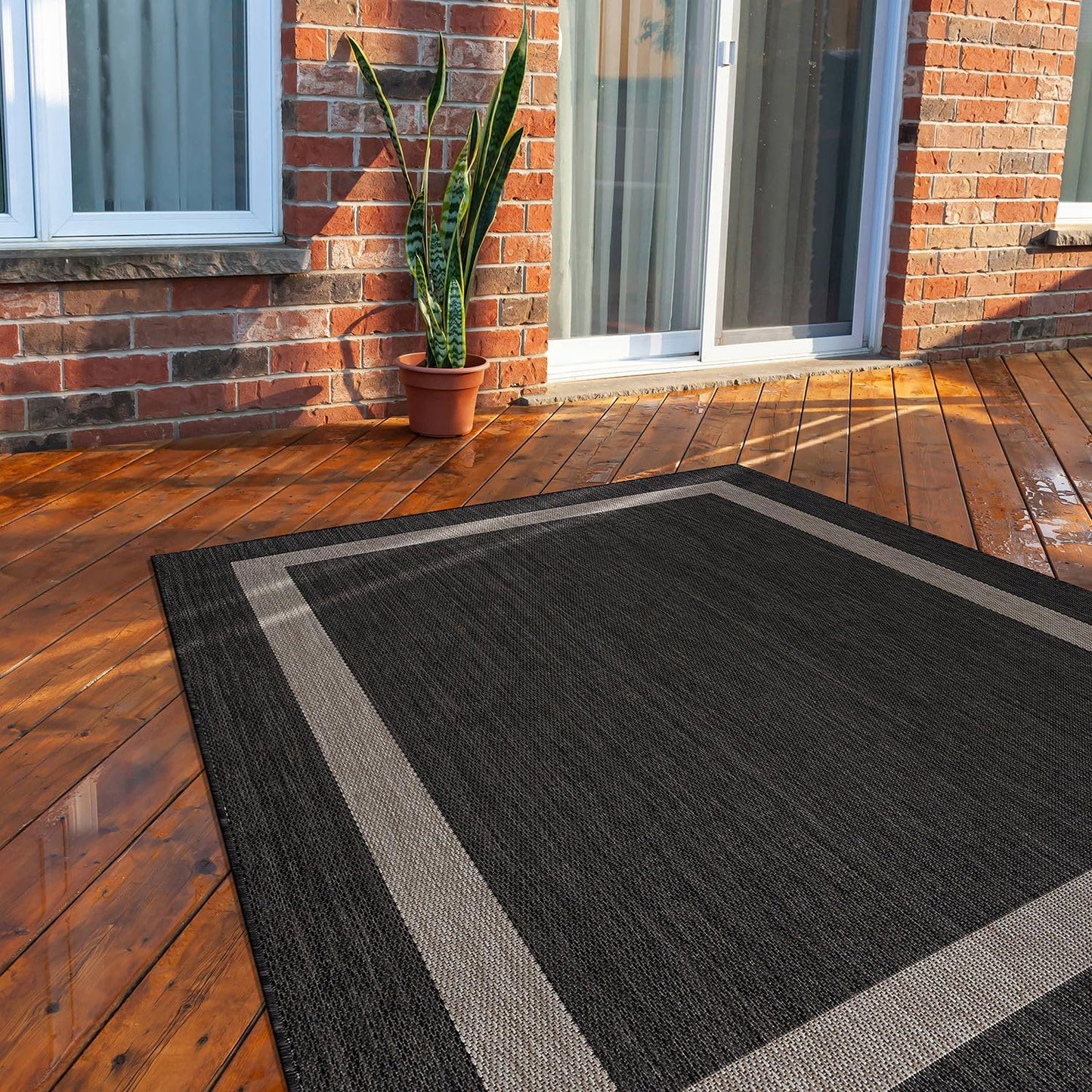 CAMILSON Outdoor Rug 8x10, Modern Outside Rugs for Patios Porches Waterproof Durable Washable Non-Shedding, Easy-to-Clean Indoor Outdoor Area Carpet (8 x 10, Bordered - Beige/White)