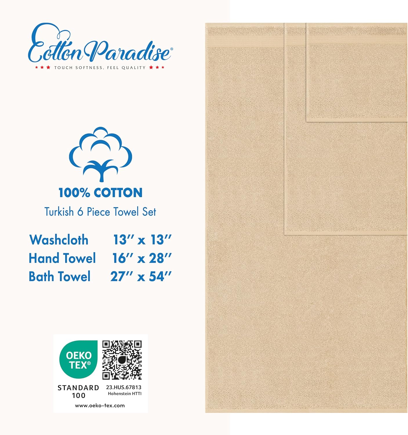 Cotton Paradise 6 Piece Towel Set, 100% Cotton Soft Absorbent Turkish Towels for Bathroom, 2 Bath Towels 2 Hand Towels 2 Washcloths, Beige Towel Set