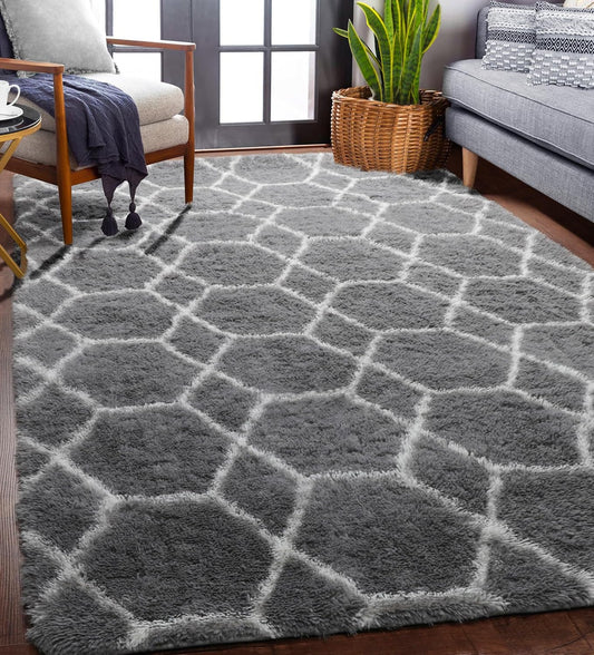 ONASAR Area Rugs for Bedroom Living Room, Washable 4x6 Fluffy Grey and White Floor Rug, Shaggy Geometric Soft Plush Fuzzy Carpet for Nursery Teen Playroom Dorm Office Home Decor Aesthetic