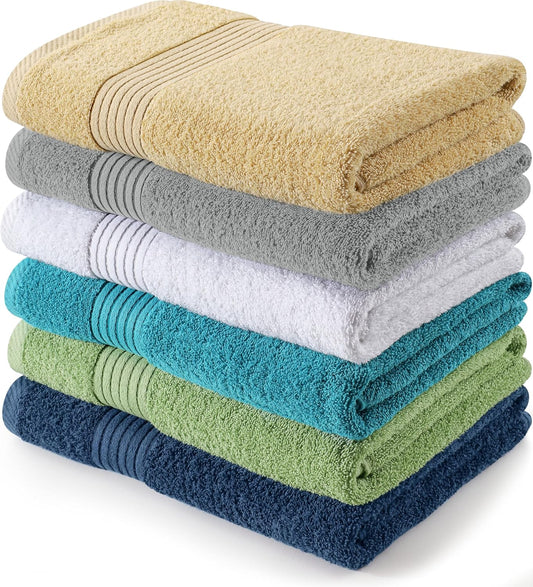 Utopia Towels 6 Pack Bath Towels Set, (27 x 54 Inches) 100% Ring Spun Cotton, Quick Dry, Highly Absorbent, Soft Feel Towels (White, Cool Grey, Turqoise, Sage Green, Navy, Beige)