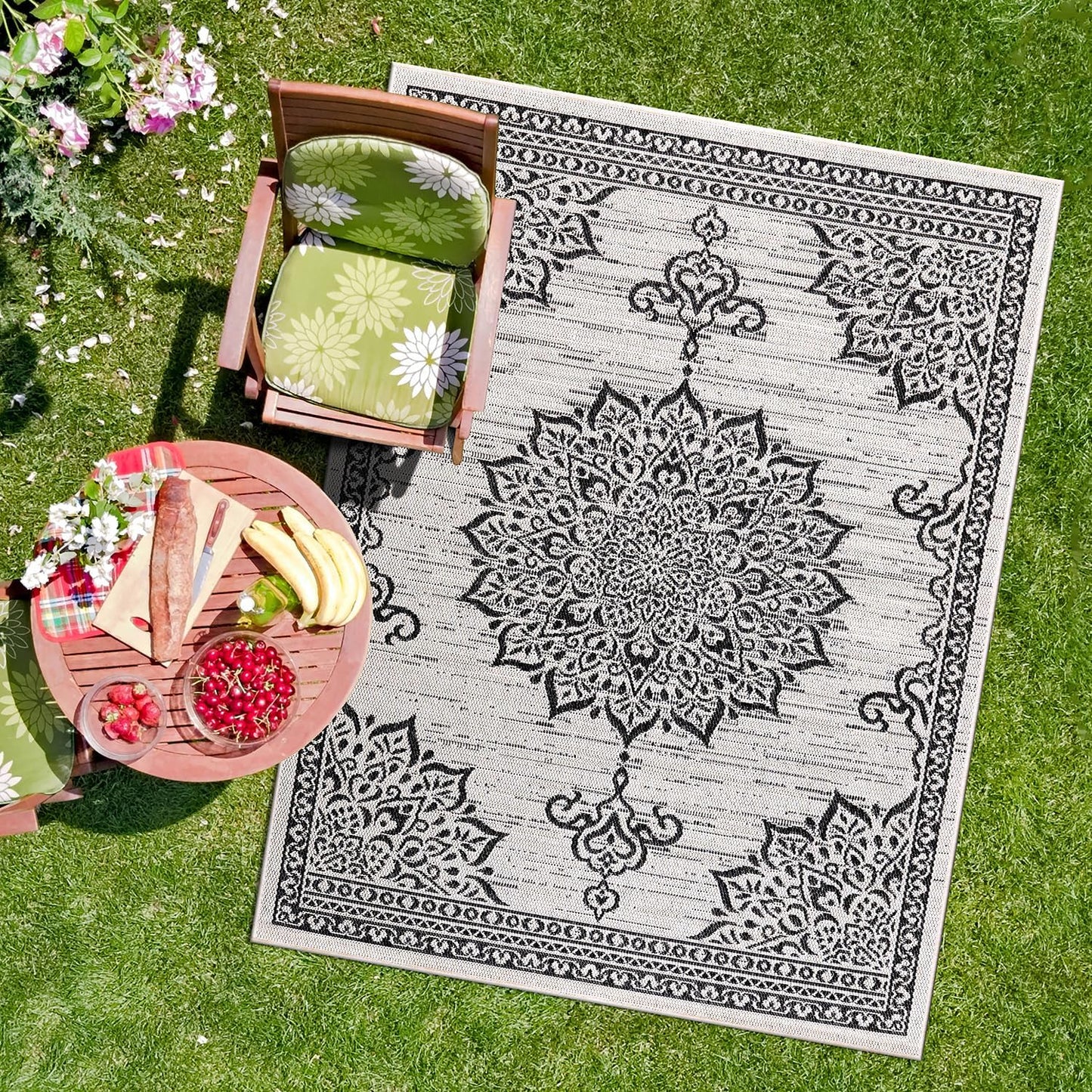 CAMILSON Outdoor Rug 8x10, Modern Outside Rugs for Patios Porches Waterproof Durable Washable Non-Shedding, Easy-to-Clean Indoor Outdoor Area Carpet (8 x 10, Bordered - Beige/White)