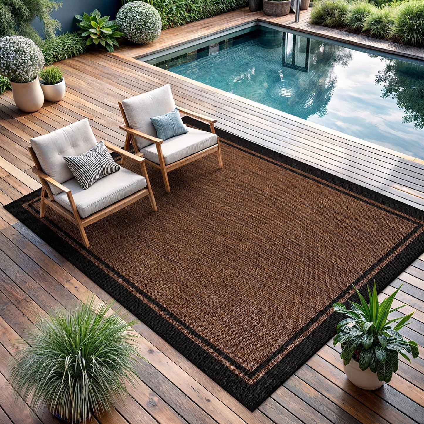 CAMILSON Outdoor Rug 8x10, Modern Outside Rugs for Patios Porches Waterproof Durable Washable Non-Shedding, Easy-to-Clean Indoor Outdoor Area Carpet (8 x 10, Bordered - Beige/White)