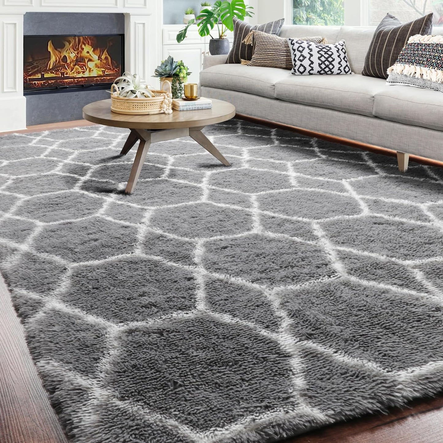 ONASAR Area Rugs for Bedroom Living Room, Washable 4x6 Fluffy Grey and White Floor Rug, Shaggy Geometric Soft Plush Fuzzy Carpet for Nursery Teen Playroom Dorm Office Home Decor Aesthetic