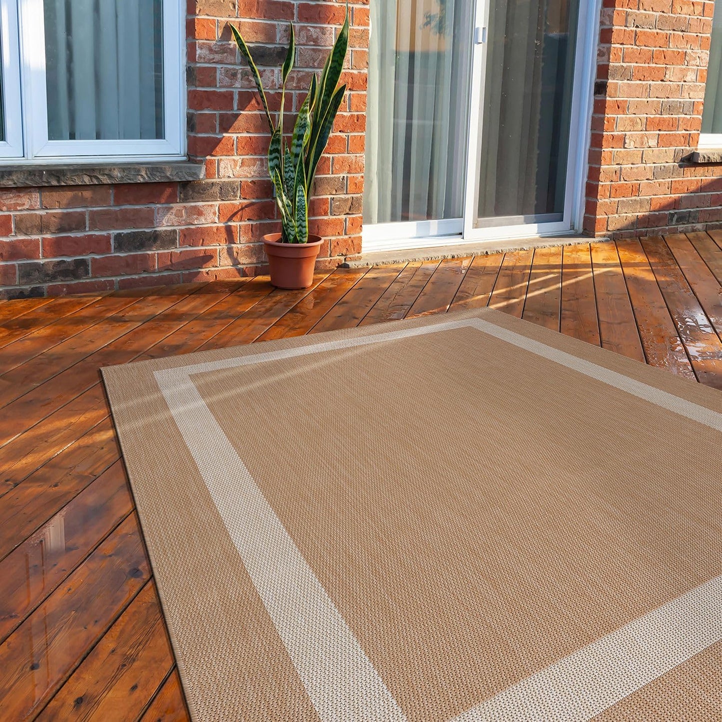 CAMILSON Outdoor Rug 8x10, Modern Outside Rugs for Patios Porches Waterproof Durable Washable Non-Shedding, Easy-to-Clean Indoor Outdoor Area Carpet (8 x 10, Bordered - Beige/White)