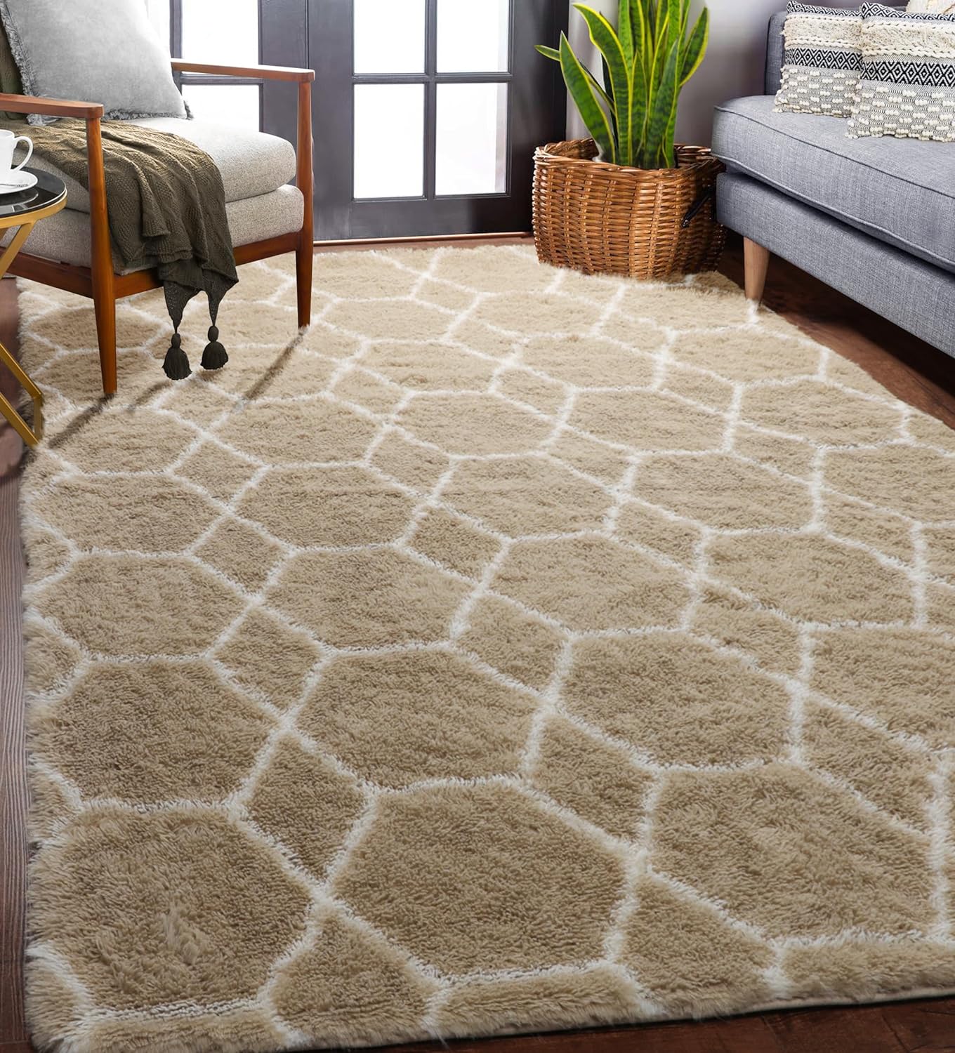 ONASAR Area Rugs for Bedroom Living Room, Washable 4x6 Fluffy Grey and White Floor Rug, Shaggy Geometric Soft Plush Fuzzy Carpet for Nursery Teen Playroom Dorm Office Home Decor Aesthetic