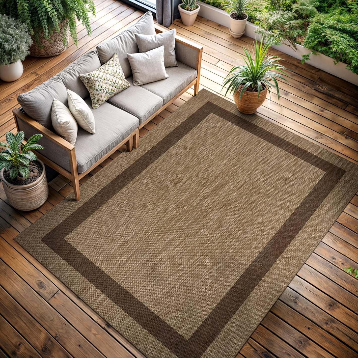 CAMILSON Outdoor Rug 8x10, Modern Outside Rugs for Patios Porches Waterproof Durable Washable Non-Shedding, Easy-to-Clean Indoor Outdoor Area Carpet (8 x 10, Bordered - Beige/White)