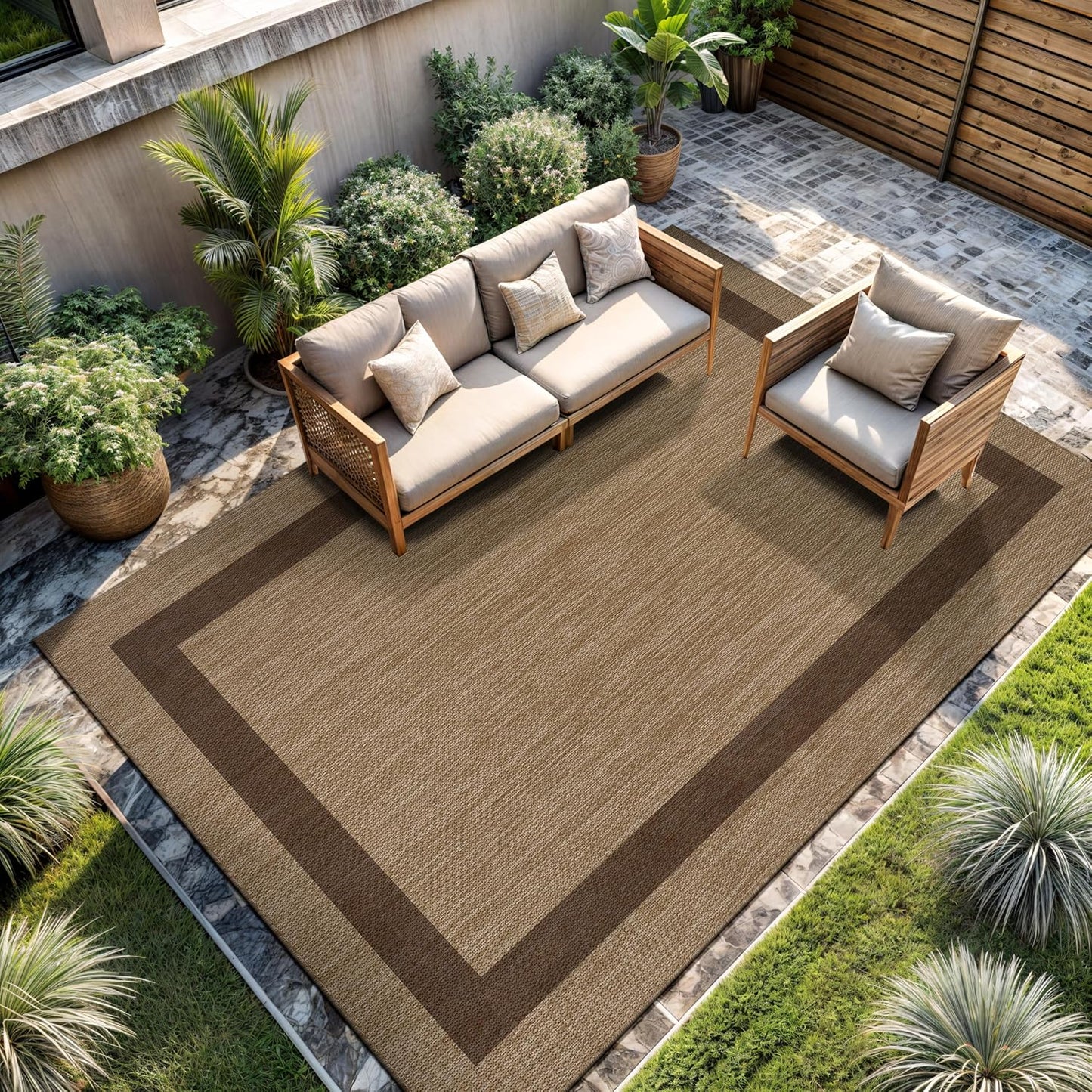 CAMILSON Outdoor Rug 8x10, Modern Outside Rugs for Patios Porches Waterproof Durable Washable Non-Shedding, Easy-to-Clean Indoor Outdoor Area Carpet (8 x 10, Bordered - Beige/White)